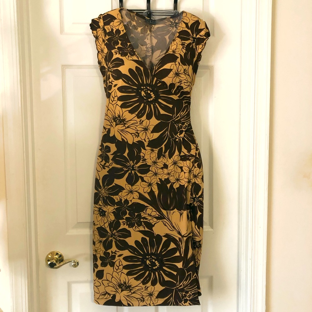 Brown Floral Faux Wrap Dress
